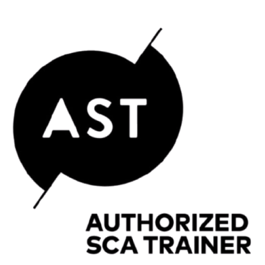 Black logo with "AST" in a speech bubble and "AUTHORIZED SCA TRAINER" below.