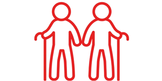 A red line-art icon of two elderly people standing side by side, each holding a walking cane.