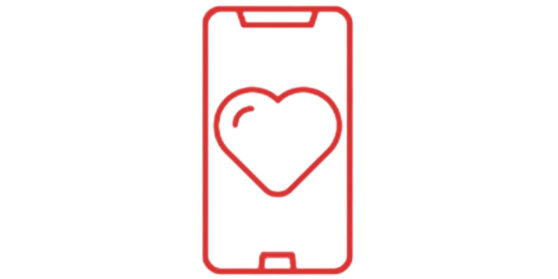 A red line-art icon showing a heart shape inside a smartphone outline.