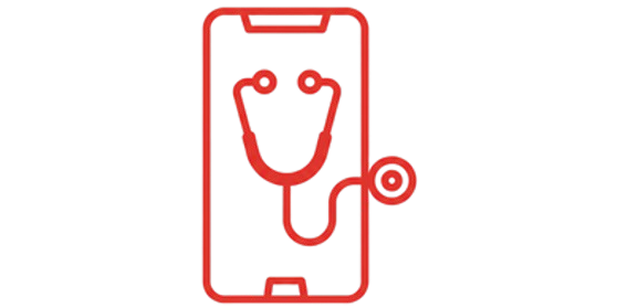 A red line-art icon depicting a smartphone with a stethoscope centered on the screen.