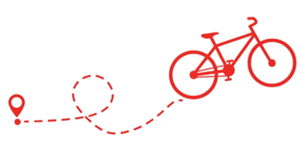 A red bicycle icon follows a dashed path starting from a location marker pin.