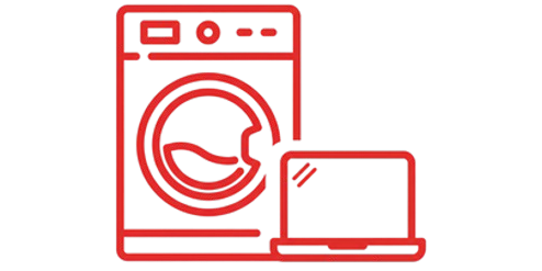 A red line-art icon depicting a front-loading washing machine next to an open laptop computer.