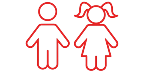 Red line art symbols of a young boy and a young girl standing side by side.