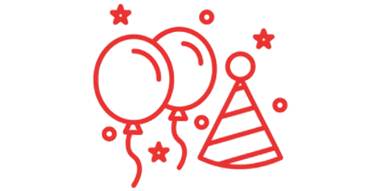 A red line-art icon featuring two party balloons and a striped party hat surrounded by stars.
