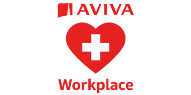 Aviva logo featuring a heart symbol with a white cross, representing workplace health.