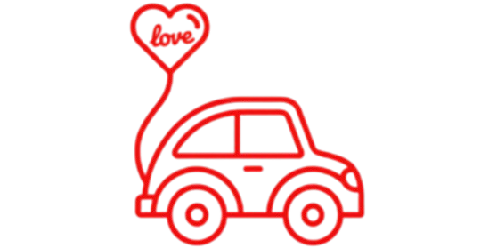 A red line-art style illustration of a small car pulling a heart-shaped balloon labeled love.