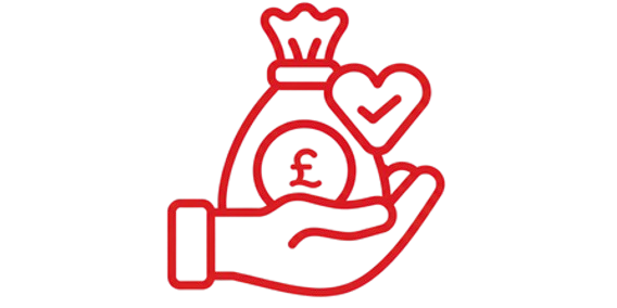 A red line-art icon showing a hand holding a money bag with a British pound sign and a heart.