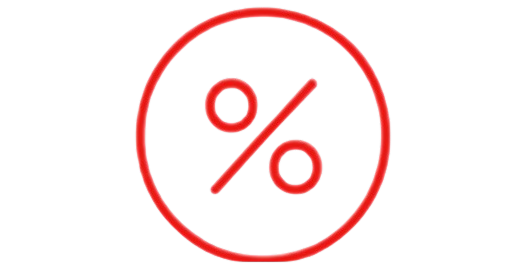 A simple red percentage symbol centered inside a thin red circle against a white background.