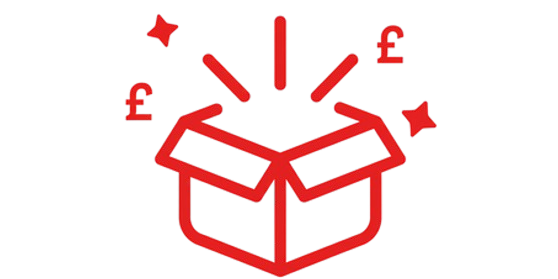 A red line drawing of an open box with pound sterling symbols and sparkles emerging from it.