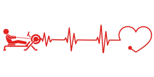 A red icon of a person using a rowing machine connected to an EKG line ending in a heart shape.