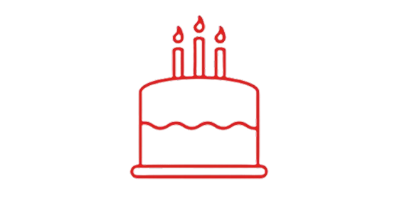 A red line art icon of a birthday cake with three lit candles on top.