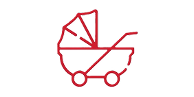A red outline icon of a classic baby carriage with a canopy and two wheels.