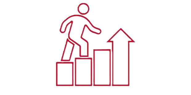 A red line icon showing a person stepping up a bar chart that leads to an upward pointing arrow.