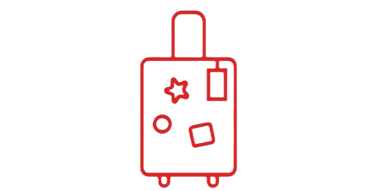 Red line icon of a rolling suitcase featuring a star, a luggage tag, a circle, and a square sticker.