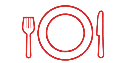 A red line-art icon of a plate, fork, and knife on a white background.