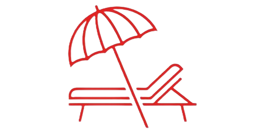 A simple red line icon featuring a beach umbrella shading a lounge chair.