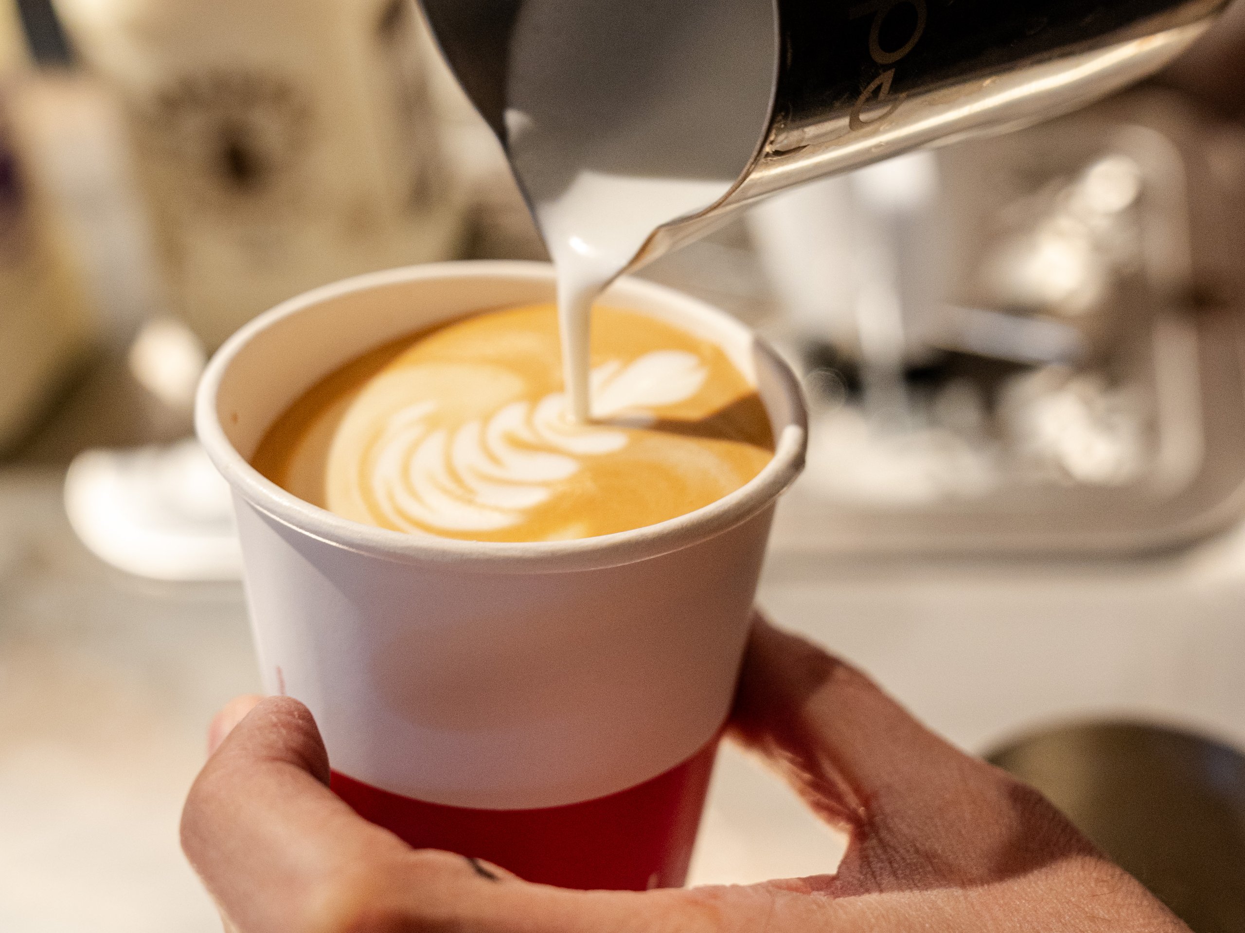 A barista pouring steamed milk from a metal pitcher into a paper cup to create latte art.
